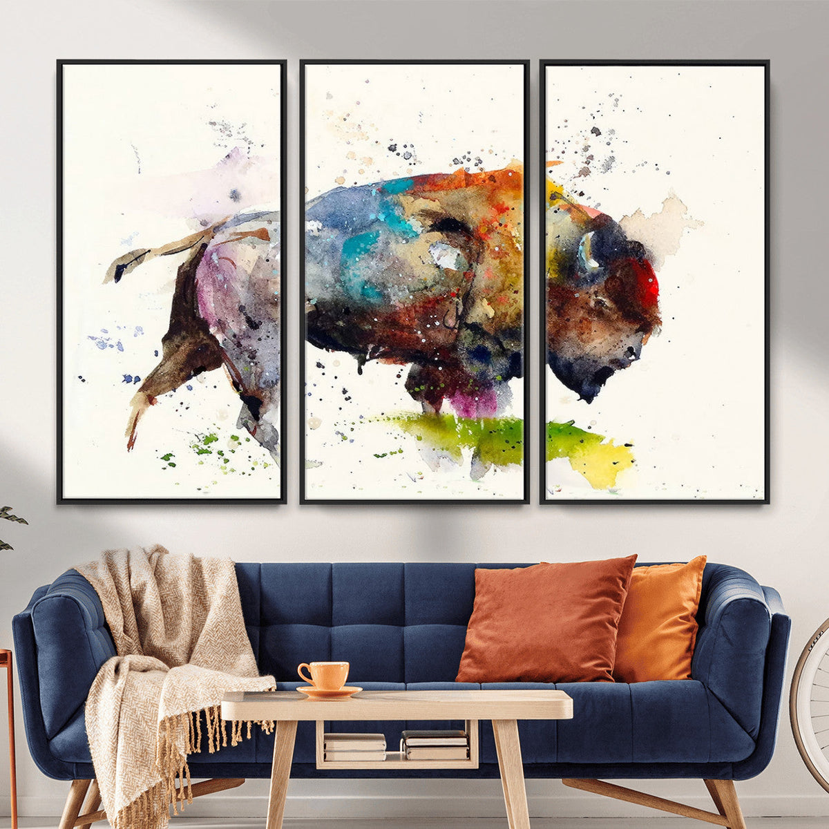 Abstract Buffalo Wall Art, Western Watercolor Bison Canvas