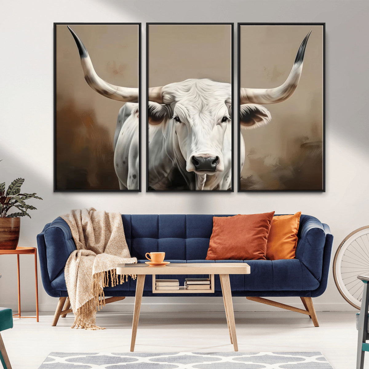 White Longhorn Bull Wall Art Canvas Print – Framed and Ready