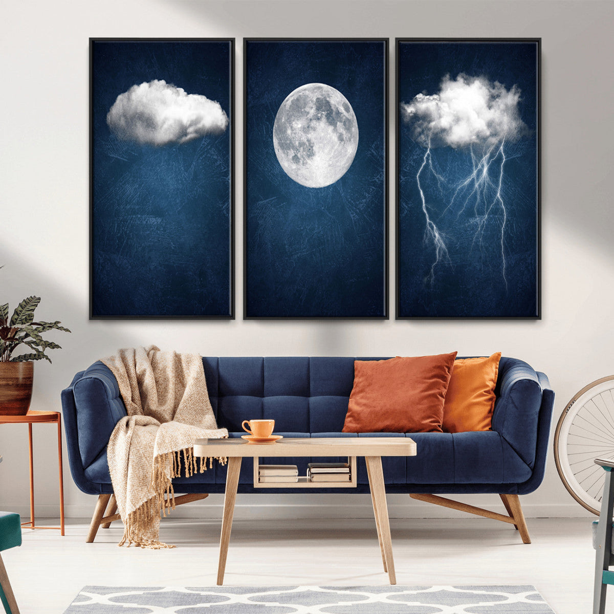 Dark Blue Cloud Art, 3 Piece Indigo Blue Wall Art, Aesthetic