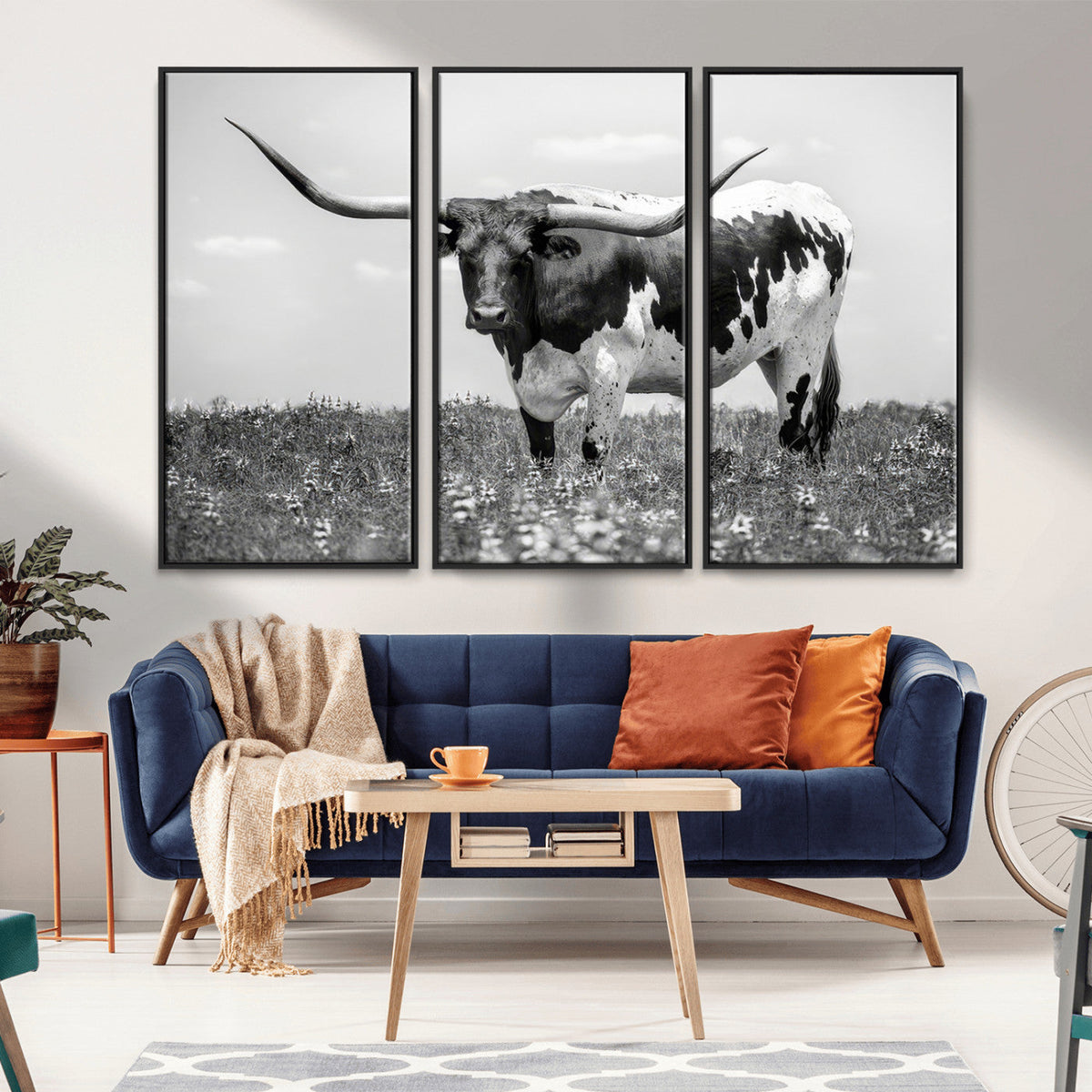 Texas Black White Highland Longhorn Cow Wall Art Canvas