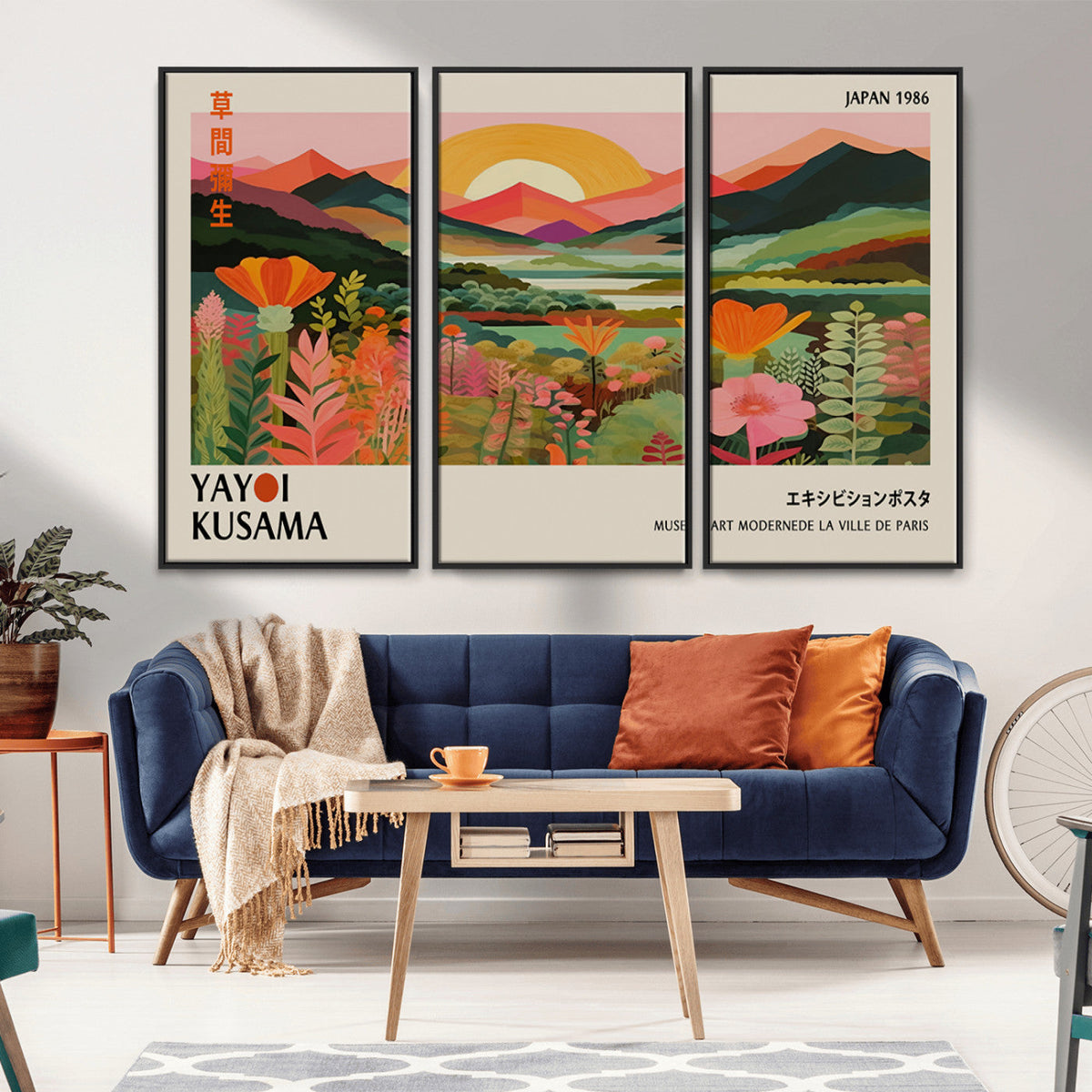 Framed Yayoi Kusama Print, Vibrant Floral Mountain Art