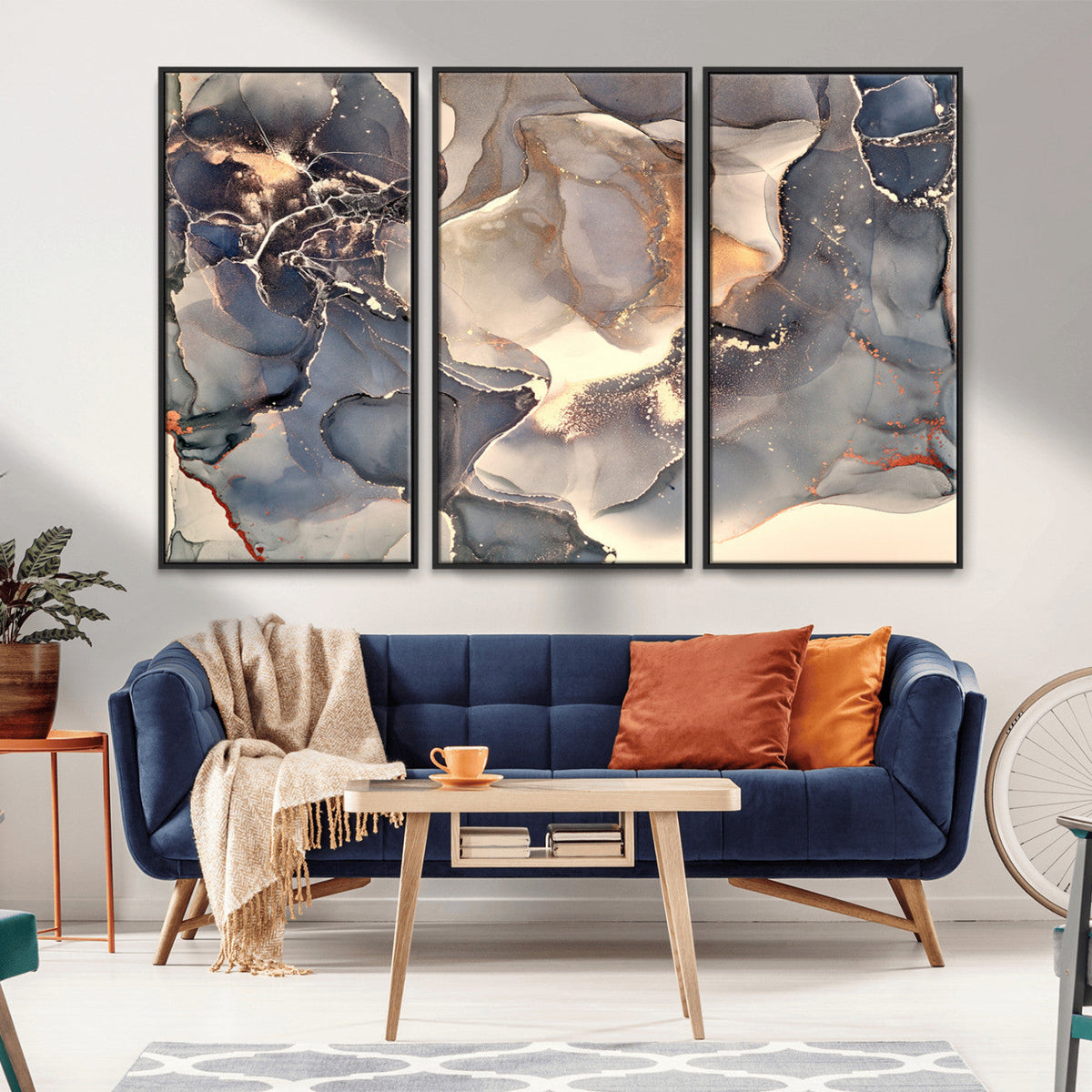 Abstract Blue and Gold Wall Art - Fluid Ink Artwork - Modern