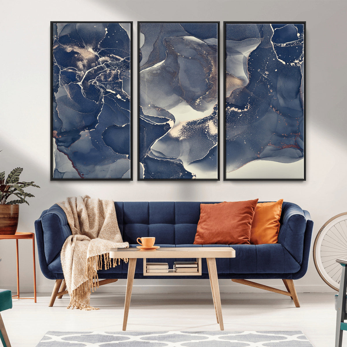 Large Abstract Blue and Gold Canvas Wall Art Fluid Ink