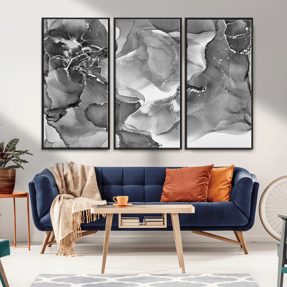 Black White Abstract Canvas Wall Art - Fluid Ink Artwork -