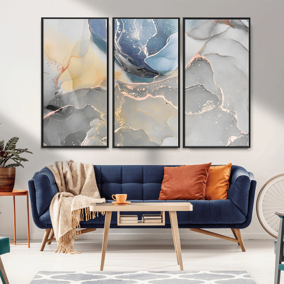 Large Abstract Blue and Gold Canvas Wall Art | Fluid Ink