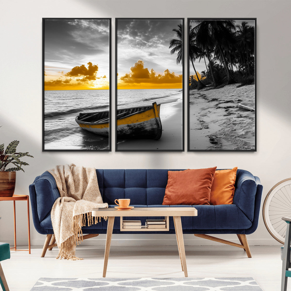 Yellow Rowboat Wall Art – Framed Tropical Shoreline Canvas
