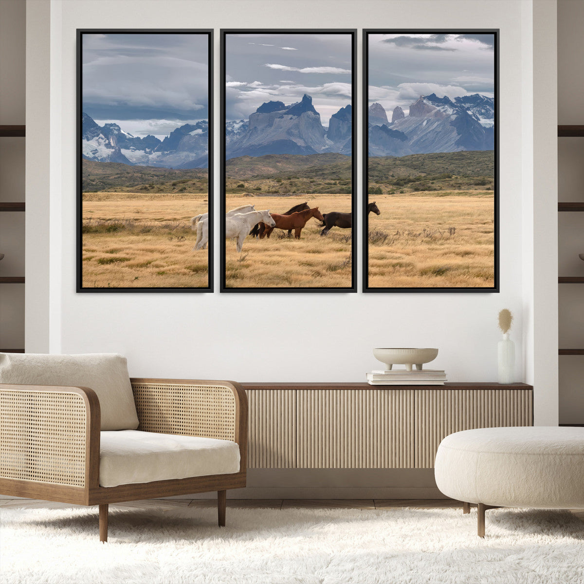 Grand Teton Park Wild Horses Wall Art Canvas Print – Framed