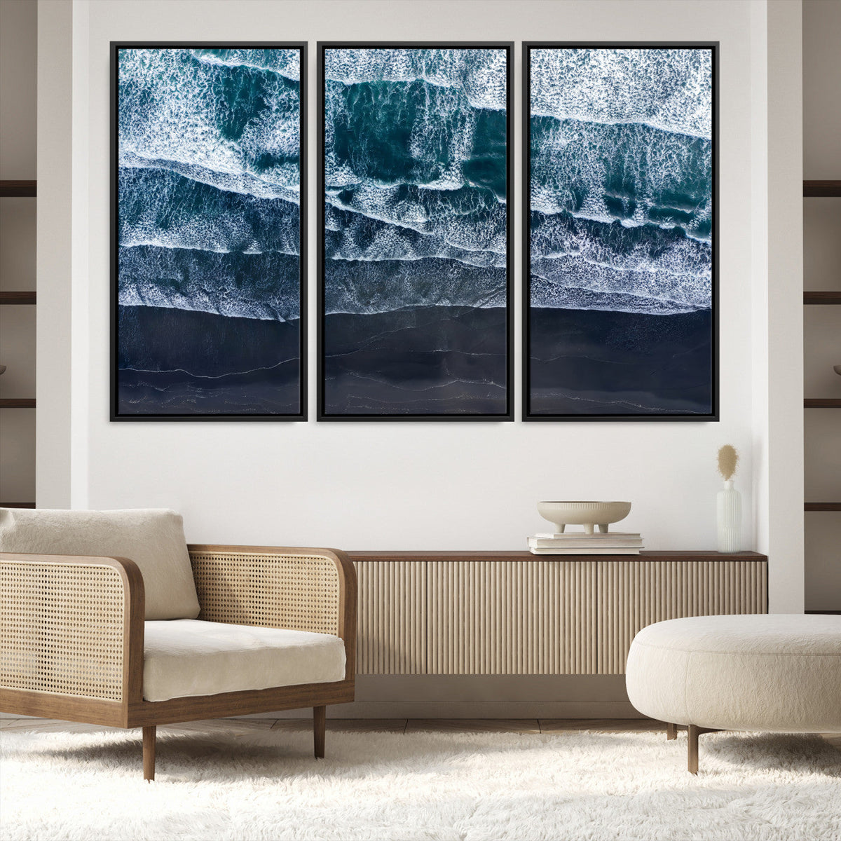 Black Beach Wall Art Canvas Print – Framed Aerial Ocean View