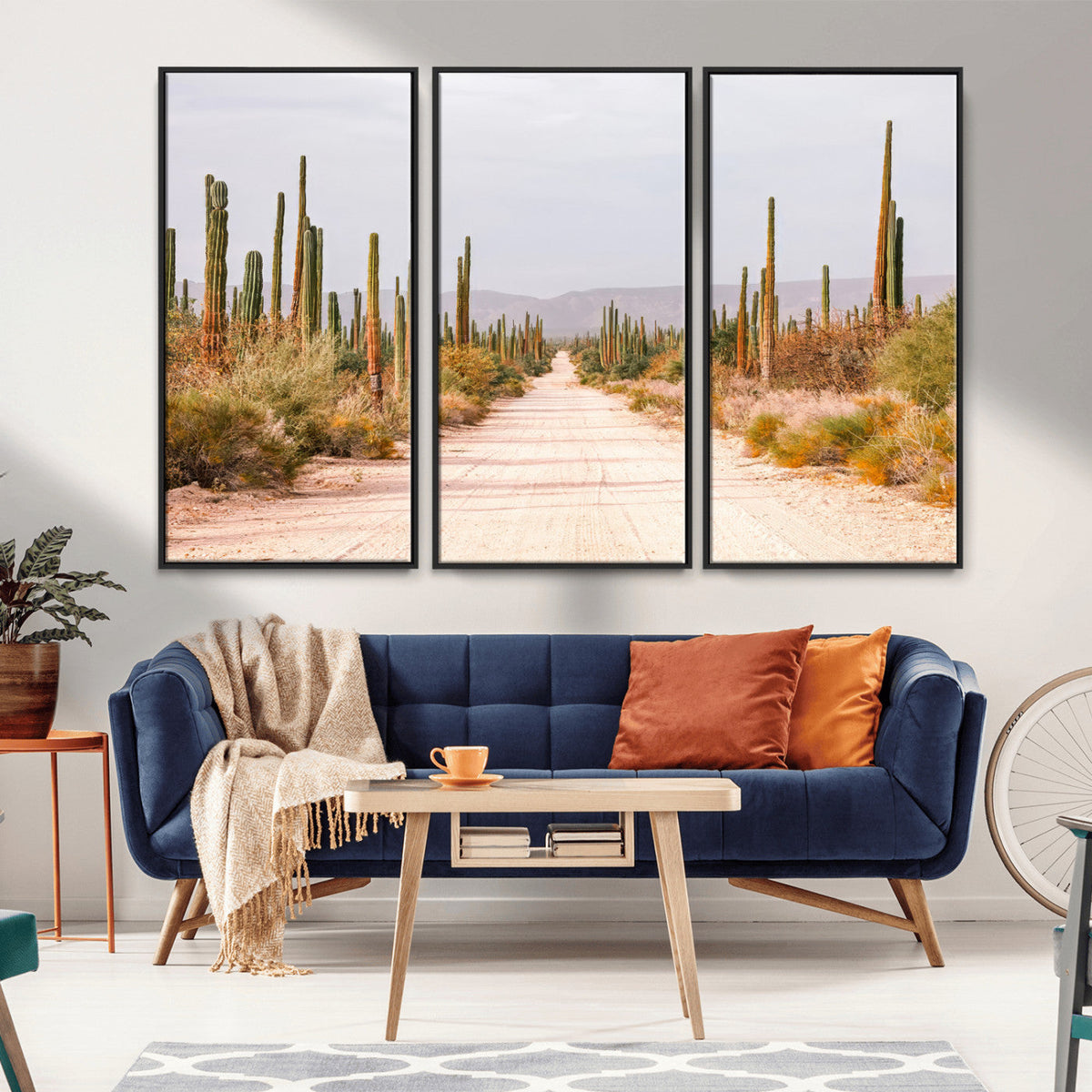 Desert Cactus Lined Road Wall Art Canvas Print – Framed