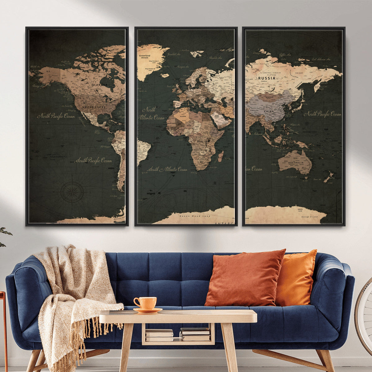 Vintage World Map Canvas Wall Art – Framed Travel Map for