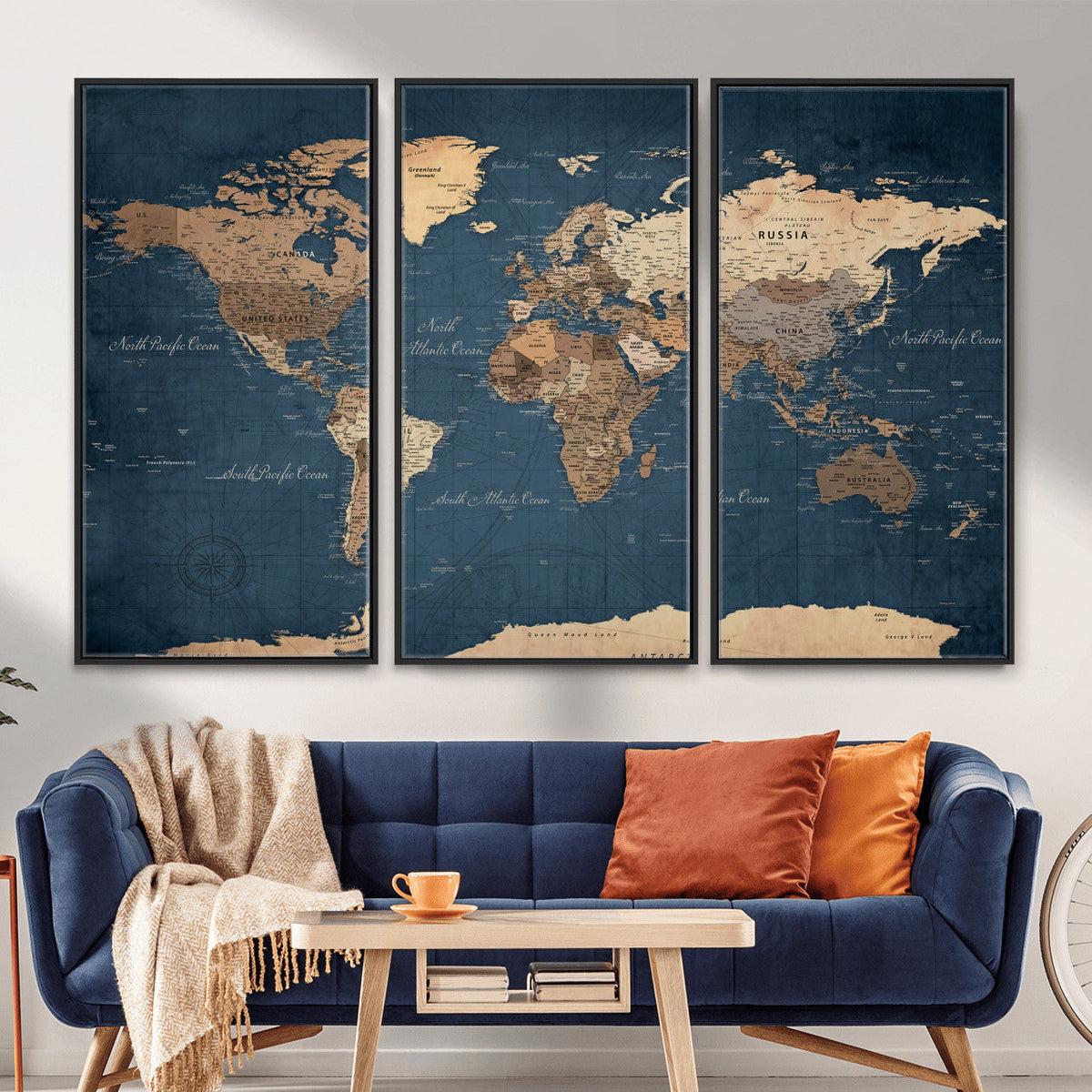 Navy Blue World Map Canvas Print – Framed Travel Map Wall