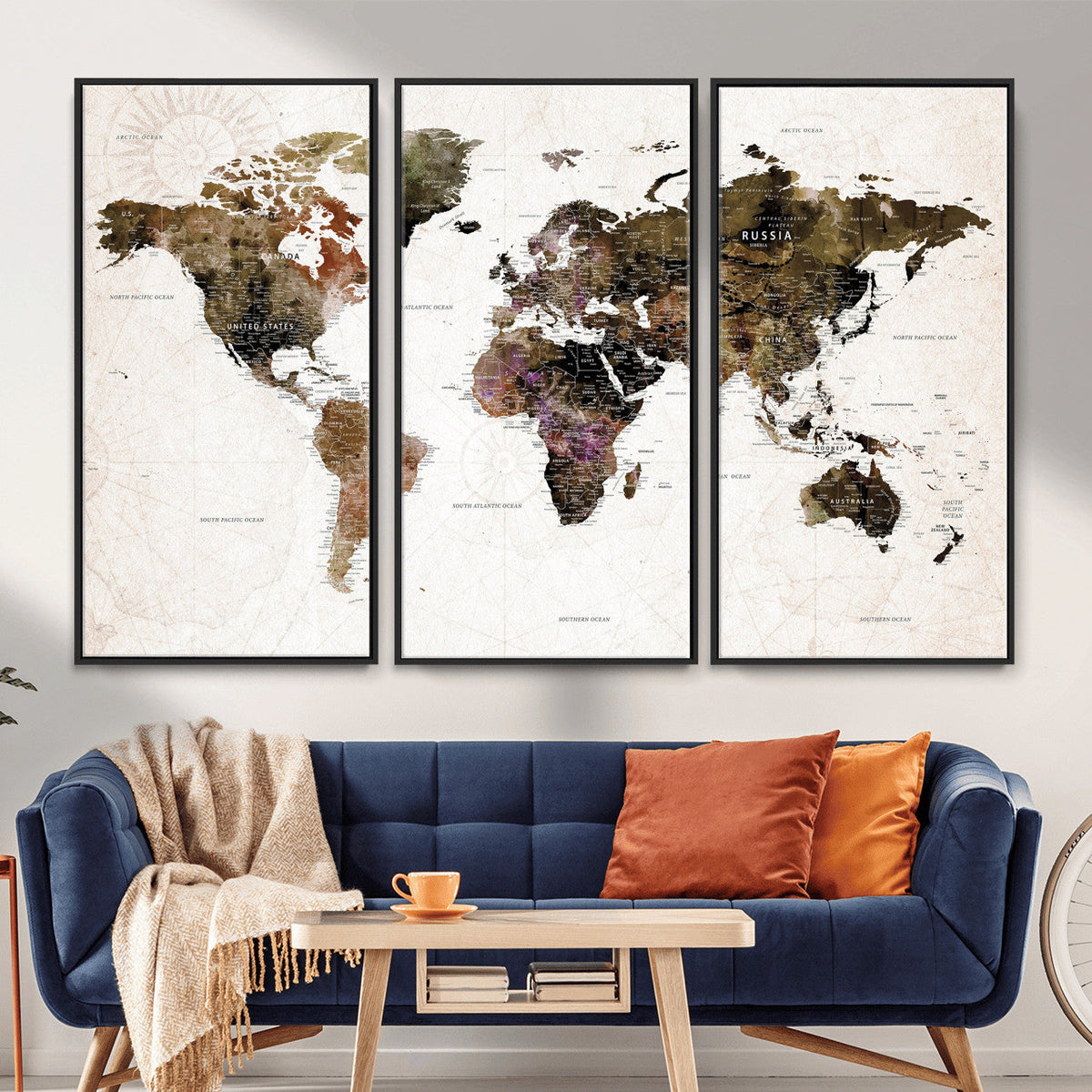 Watercolor World Map Print - Large Wall Art Canvas Print for