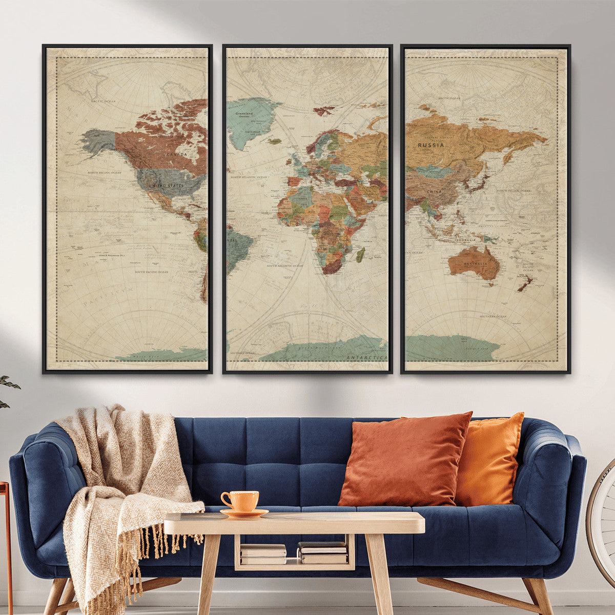 Vintage World Map Canvas Wall Art Print – Framed Modern