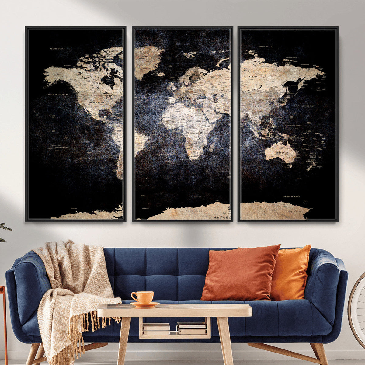 Grunge World Map Wall Art | 3-Panel Large Beige and Brown