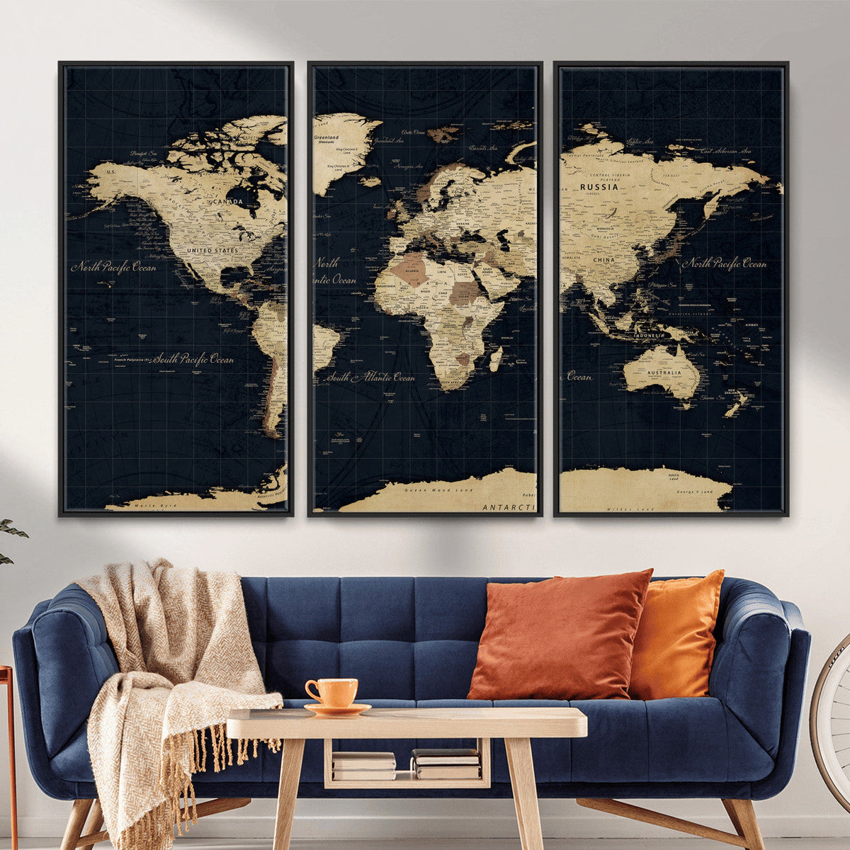 Dark World Map Canvas Wall Art Print, Minimal Black and Gold