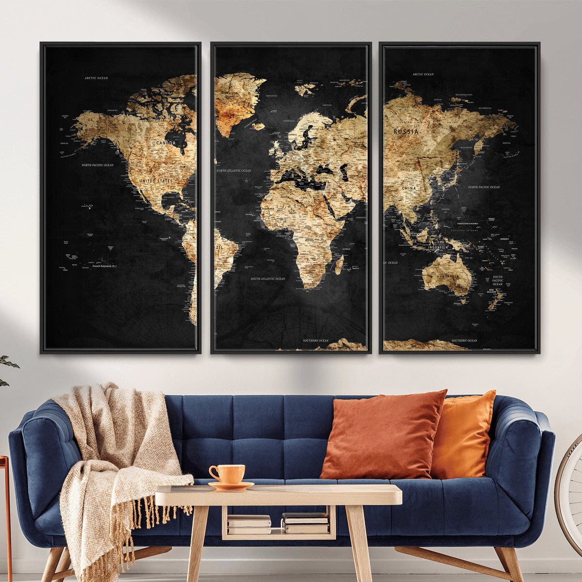 World Map Canvas Wall Art with Famous Landmarks – Framed