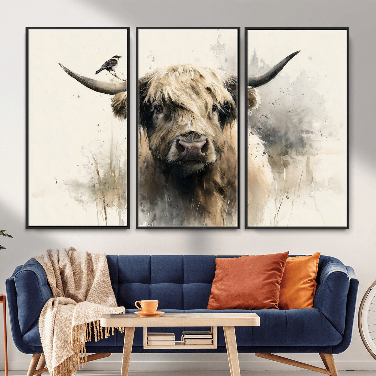 Abstract Highland Cow Wall Art Canvas Print, Rustic Farm