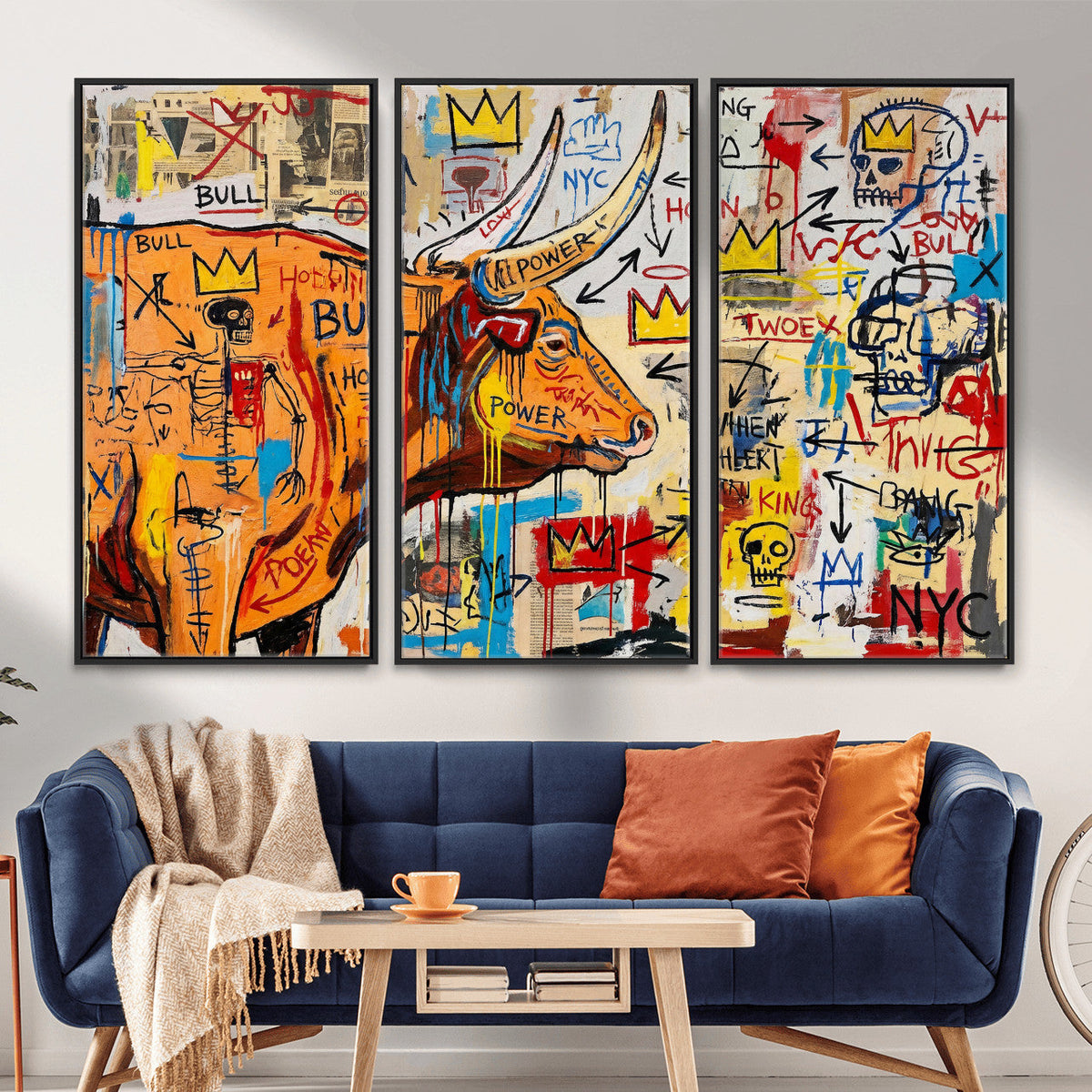 Basquiat Style Bull Graffiti Wall Art Canvas Print, Street