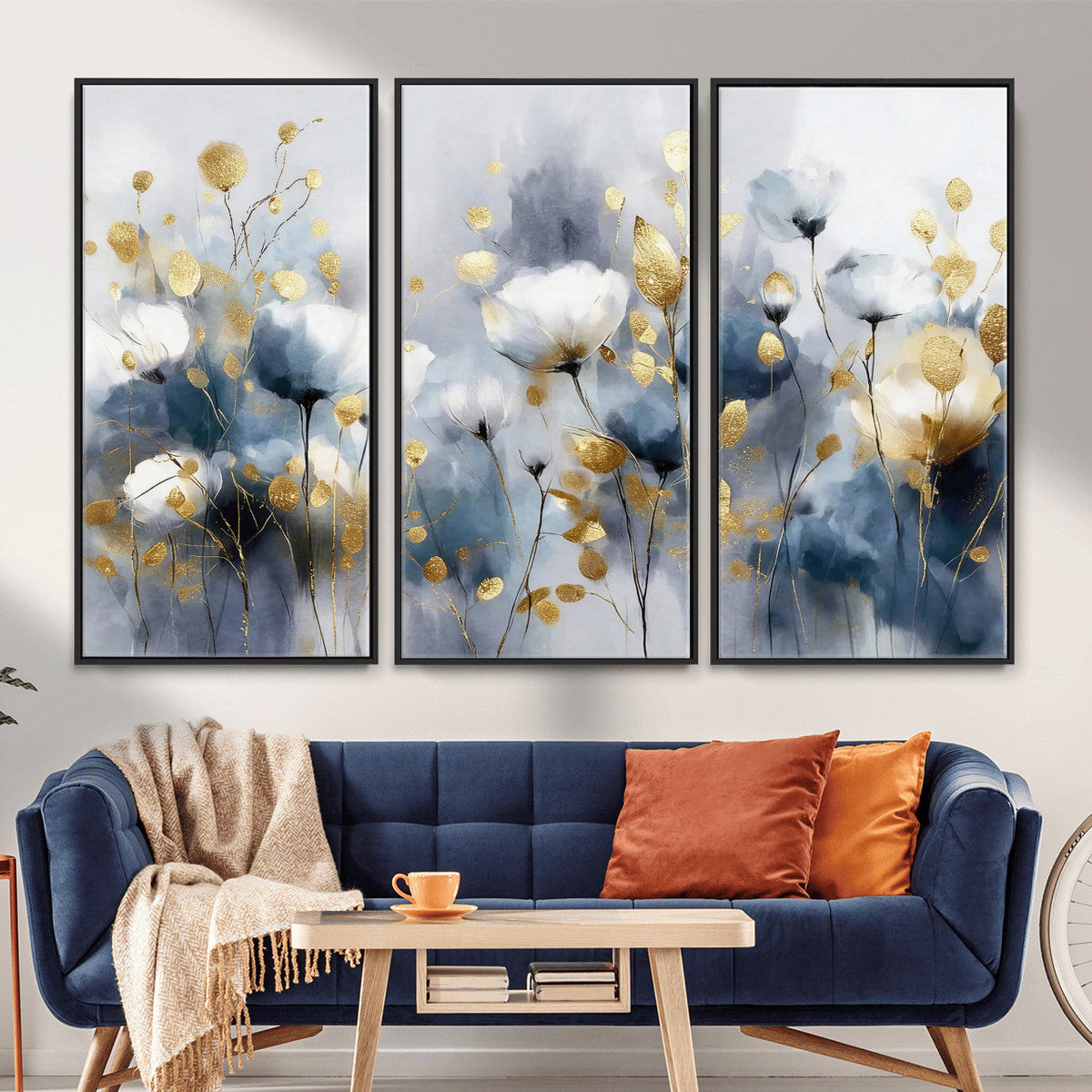 Large Abstract Flowers Wall Art Canvas Print – Gold and Blue