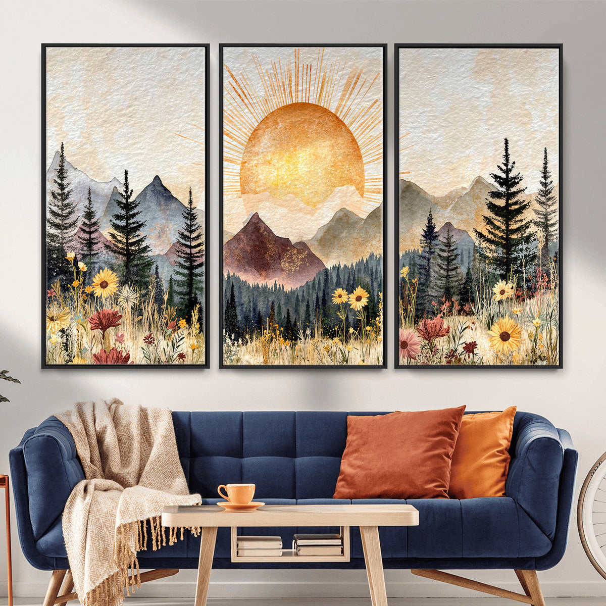 Boho Mountain Landscape Large Wall Art, Horizontal Gold