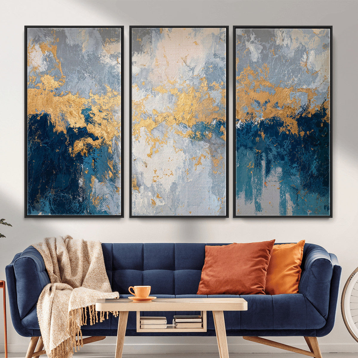 Blue Gold Abstract Large Framed Canvas Wall Art, Modern