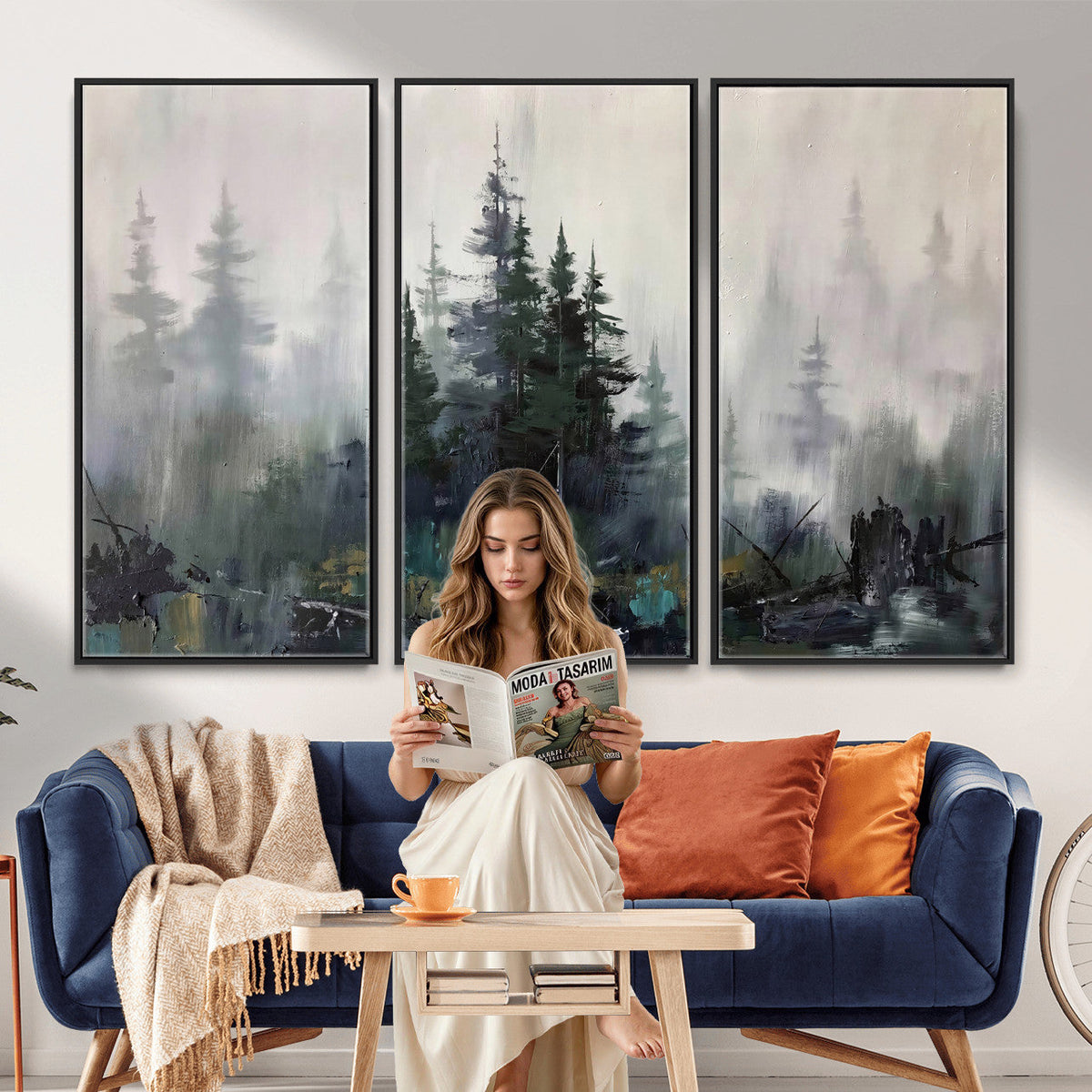 Misty Pine Forest Oil Painting Canvas — Dark Moody Teal Grey