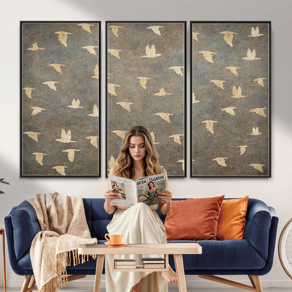 Flying Birds Canvas Wall Art, Vintage Bird Flock Pattern