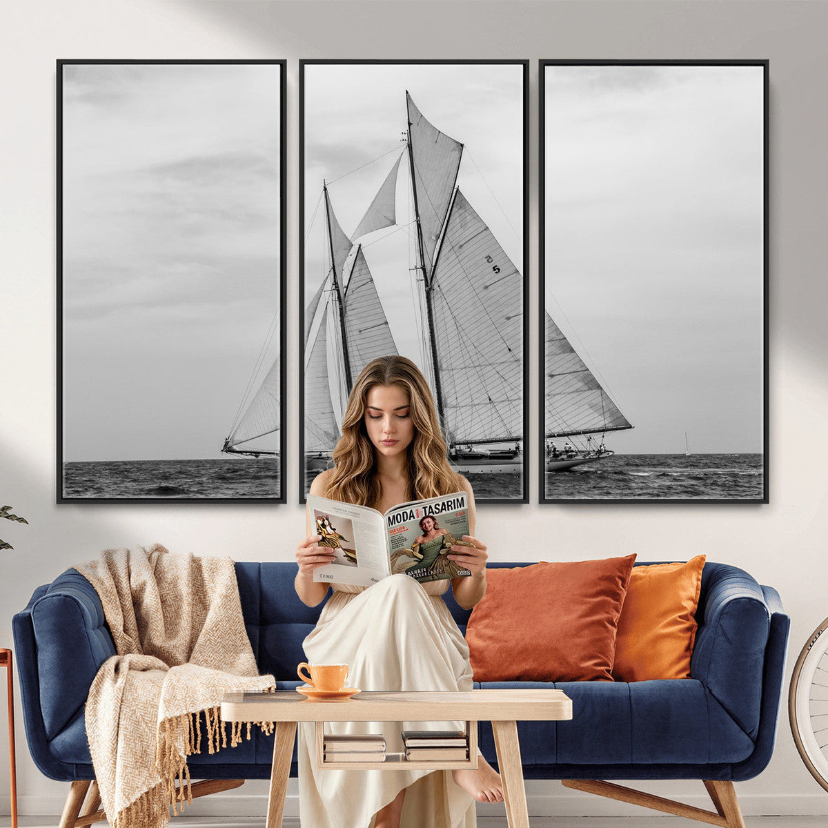 Vintage Sailboat Wall Art Canvas Print, Black and White