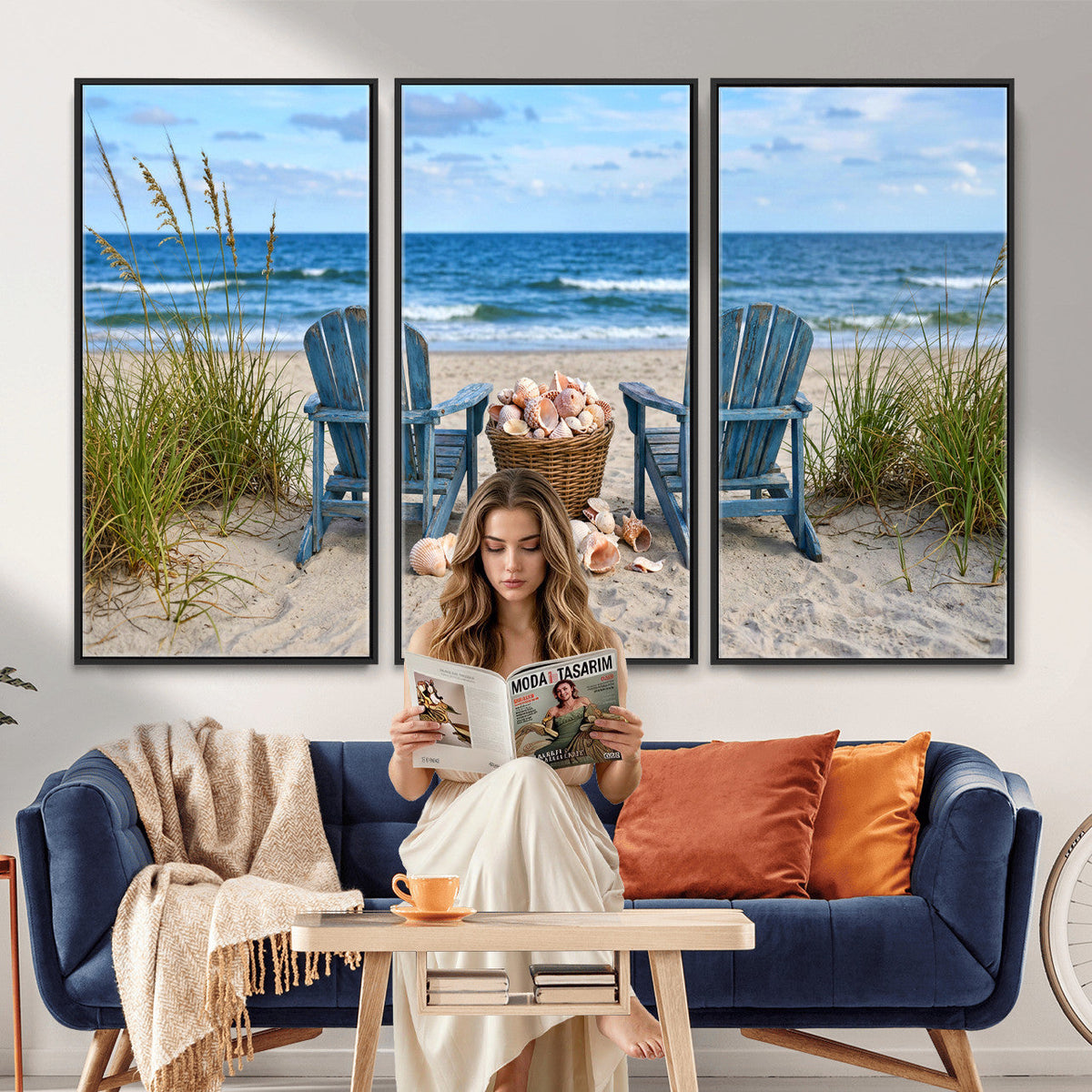 Large Beach Canvas Wall Art Coastal Adirondack Chairs Ocean