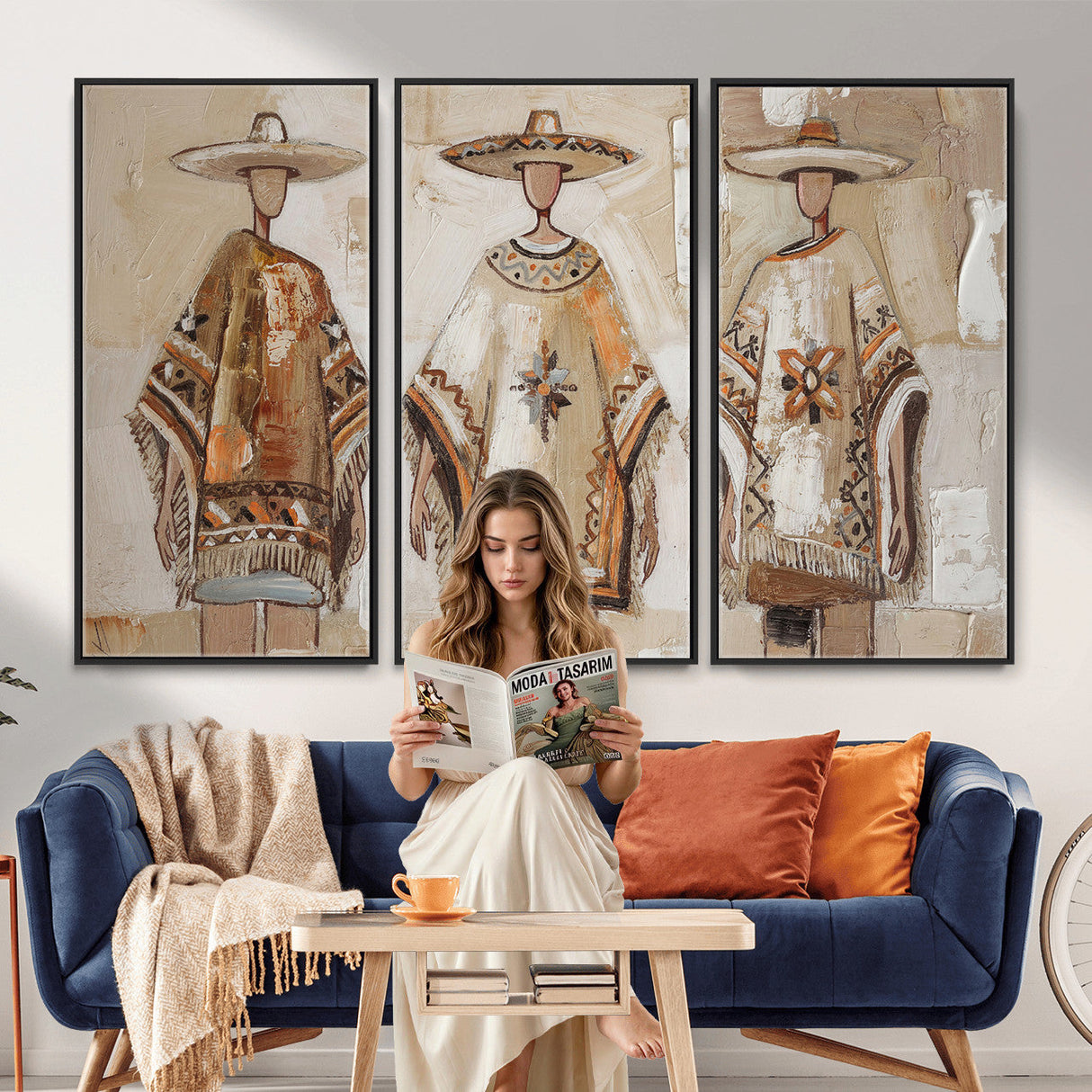 Mexican Folk Art Canvas Wall Art, Charro Poncho Sombrero Painting Print, Neutral Beige Boho Decor, Southwestern Impasto Style, Living Room Art