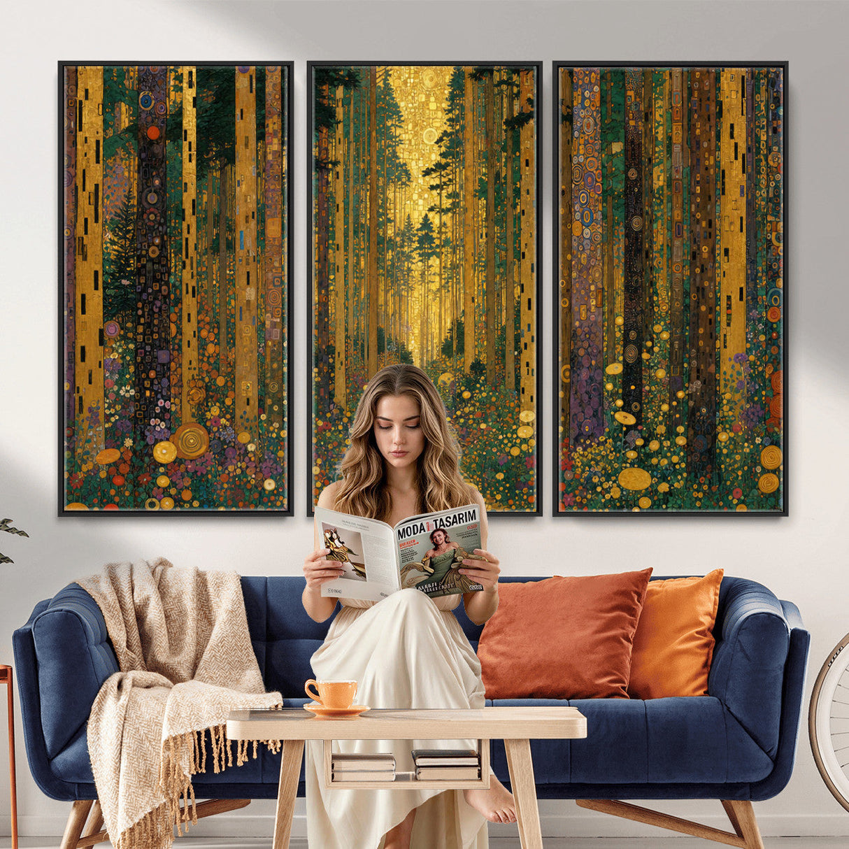 Gustav Klimt Style Forest Canvas Wall Art, Golden Forest Path Floral Art Nouveau Print, Enchanted Woodland Decor
