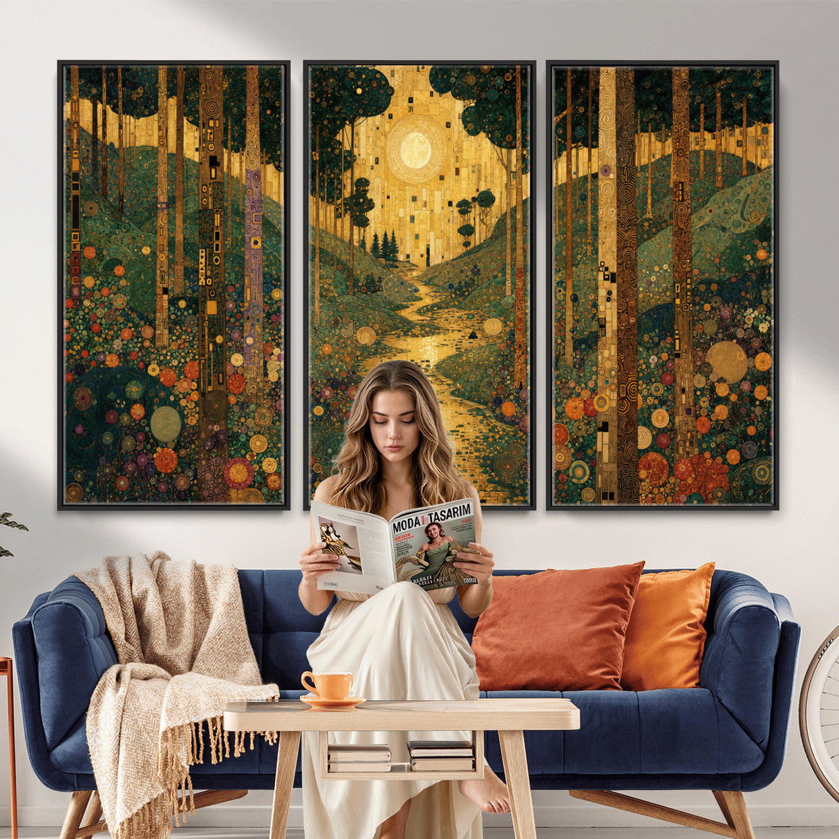 Gustav Klimt Style Forest Canvas Wall Art, Golden Forest Path Floral Art Nouveau Print, Enchanted Woodland Decor