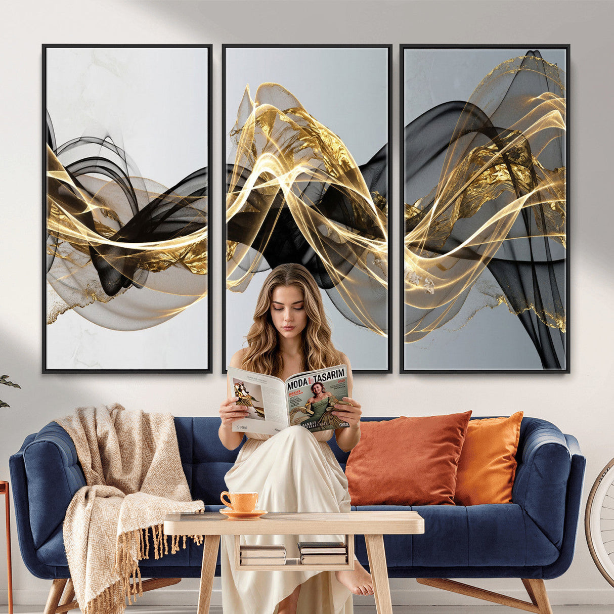 Black and Gold Abstract Wall Art, Modern Wave Canvas Print, Elegant Flowing Smoke Art, Luxury Living Room Decor