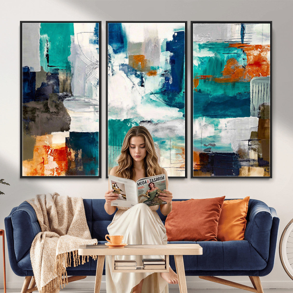 Blue Teal Abstract Canvas Wall Art, Modern Textured Painting Print, Navy Orange White Contemporary Art, Neutral Living Room Decor, Office Art