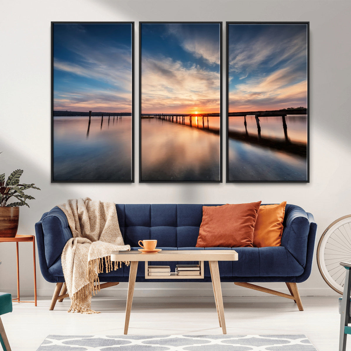 Wooden Pier on Seascape and Sunset Wall Art Canvas Print