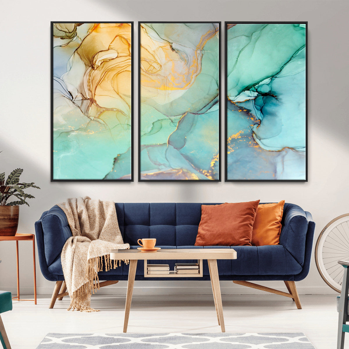 Abstract Aqua and Gold Fluid Wall Art Canvas | 3 Panel Large