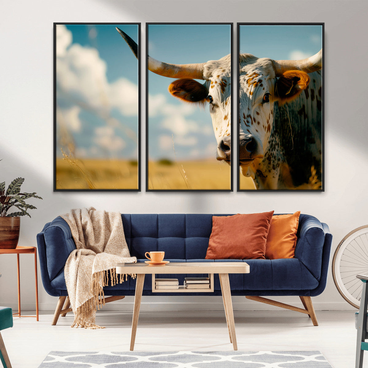 Longhorn in the Prairie - Stunning Ranch-Style Triptych Wall