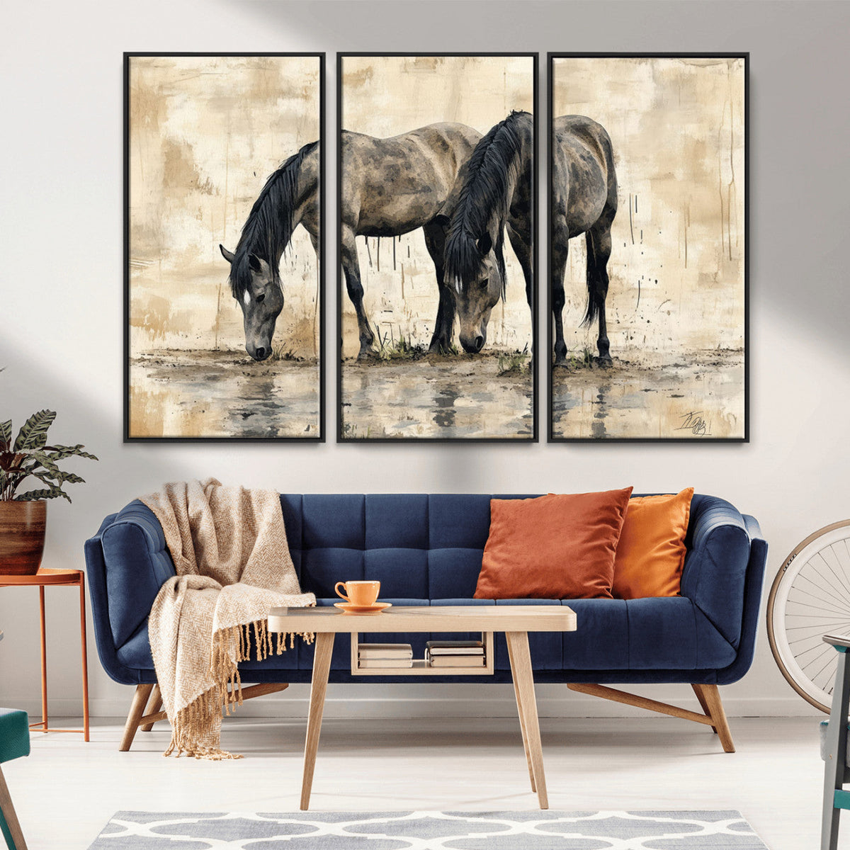Chinese Style Abstract Black Horses Wall Art Canvas Print -
