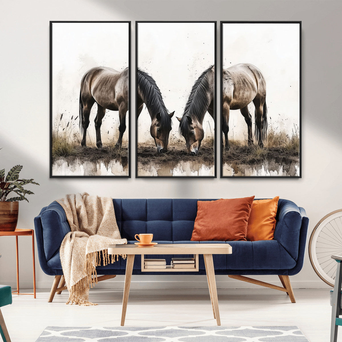 Chines Ink Style Horses Wall Art Canvas Print