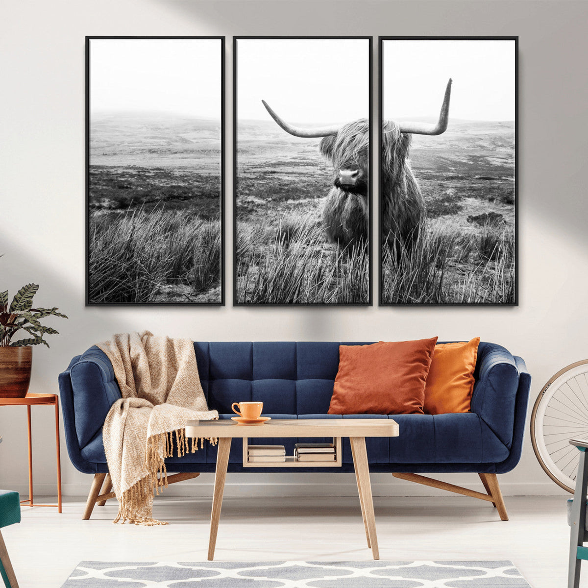 Scottish Highland Cow Wall Art | Black and White Canvas