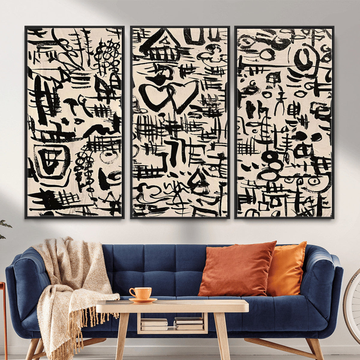 Abstract Love and Chaos Canvas Print, Black Symbols on Beige