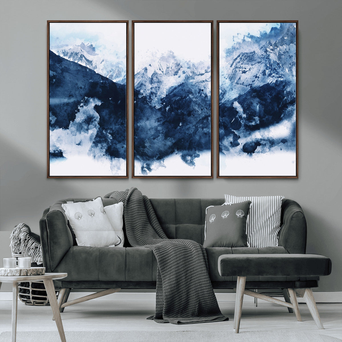 Abstract Blue Mountain Canvas Wall Art – Modern Triptych