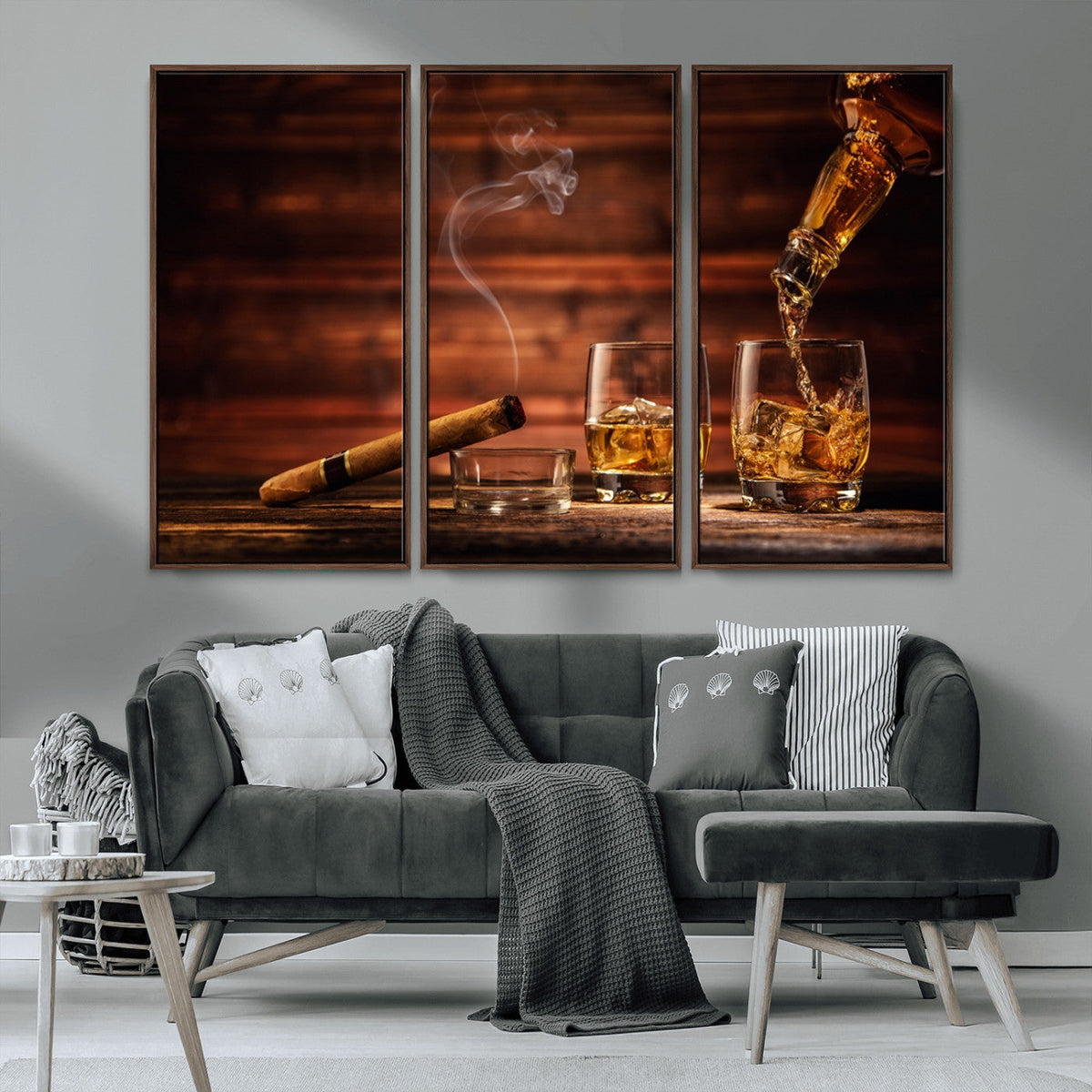 Whiskey and Cigar Wall Art Canvas | 3 Panel Bar Room Decor