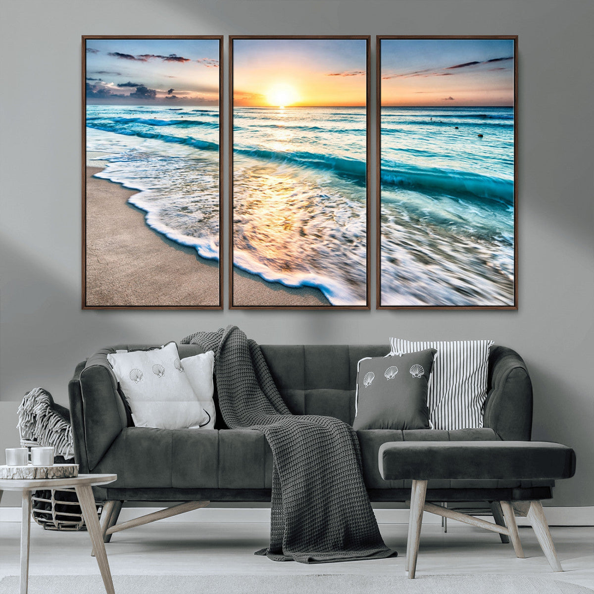 Sunset Beach Waves Canvas Wall Art – 5-Panel Ocean Sunset
