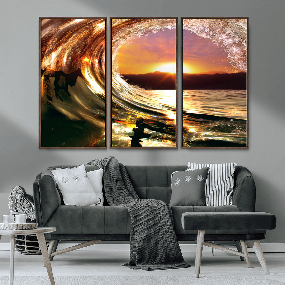 Golden Wave Sunset Triptych Canvas Art, Giclee Canvas Print