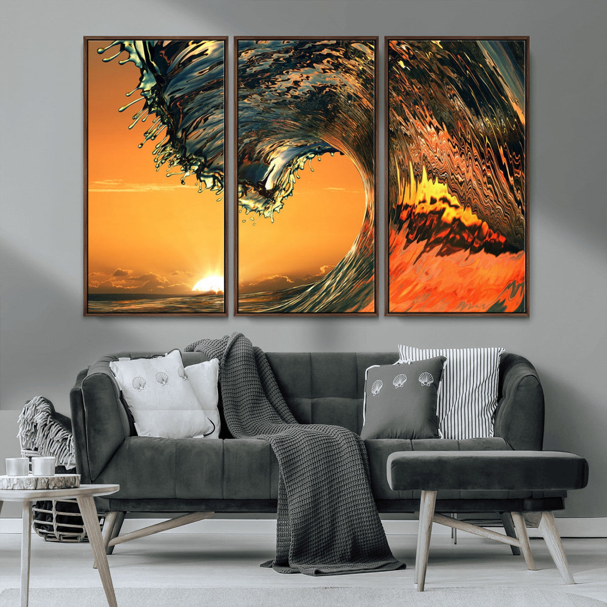 Surf Wave Sunset Canvas Wall Art Print, 3-Panel Ocean