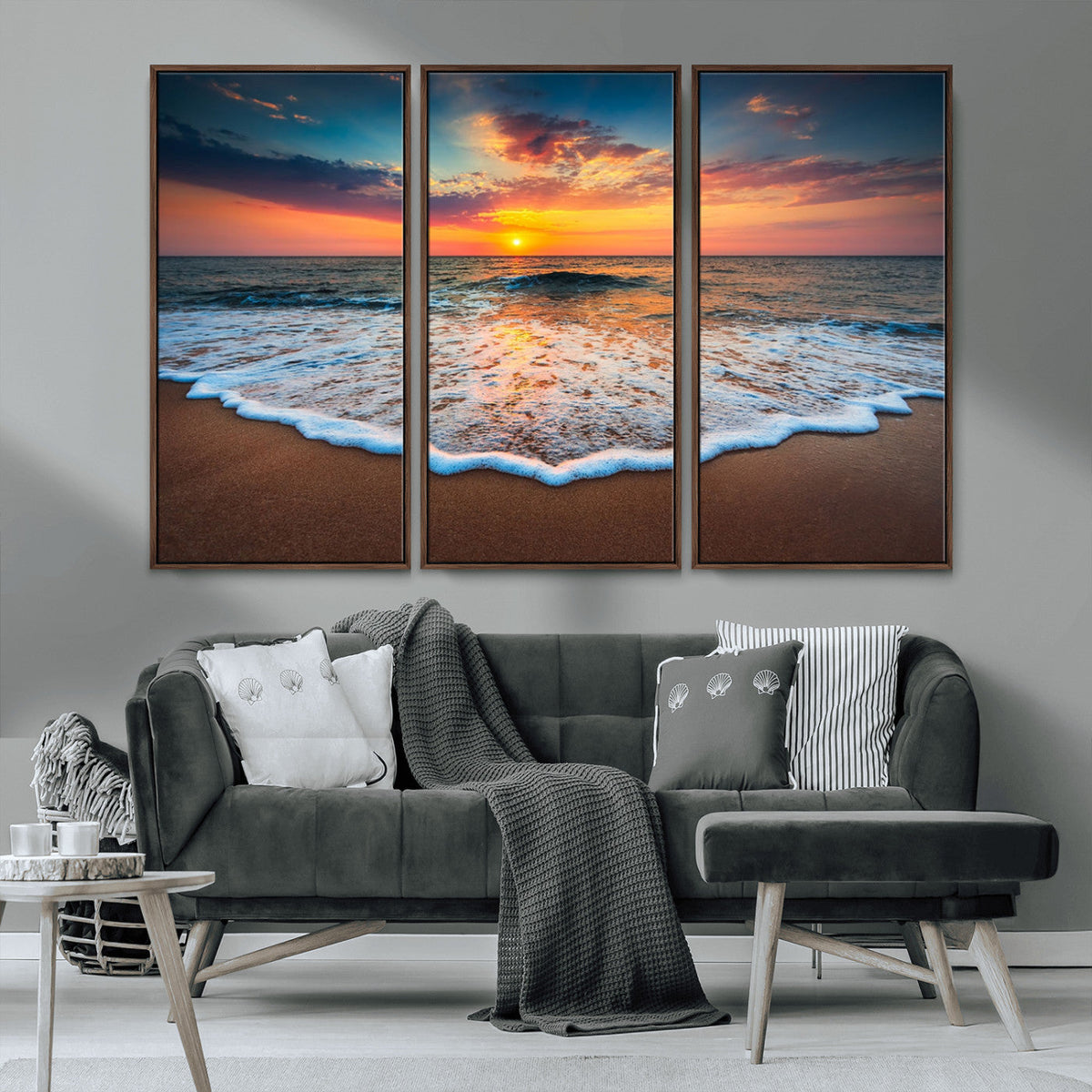 Sunset Beach Canvas Wall Art – Colorful Ocean Waves Triptych