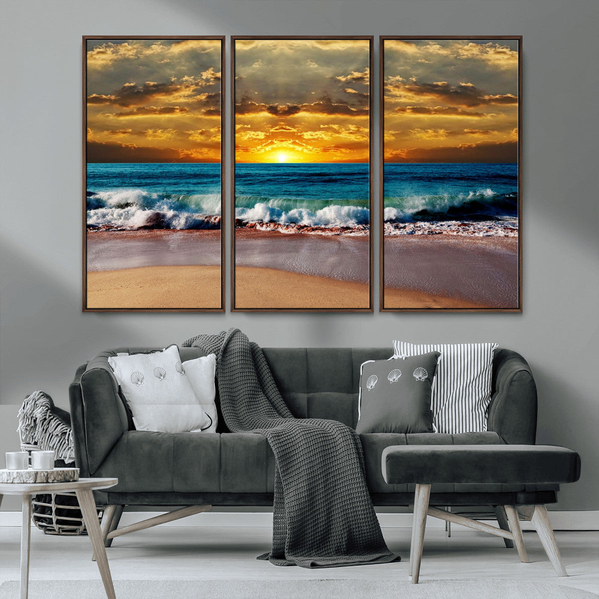Ocean Sunrise Over Golden Beach Waves, Giclee Canvas Wall