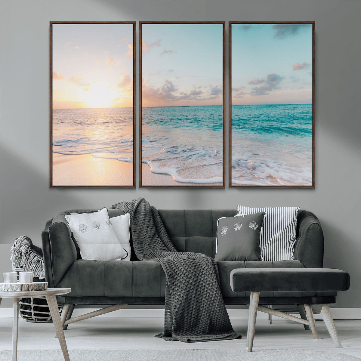 Tranquil Ocean Beach Sunset Canvas Wall Art | 3-Panel