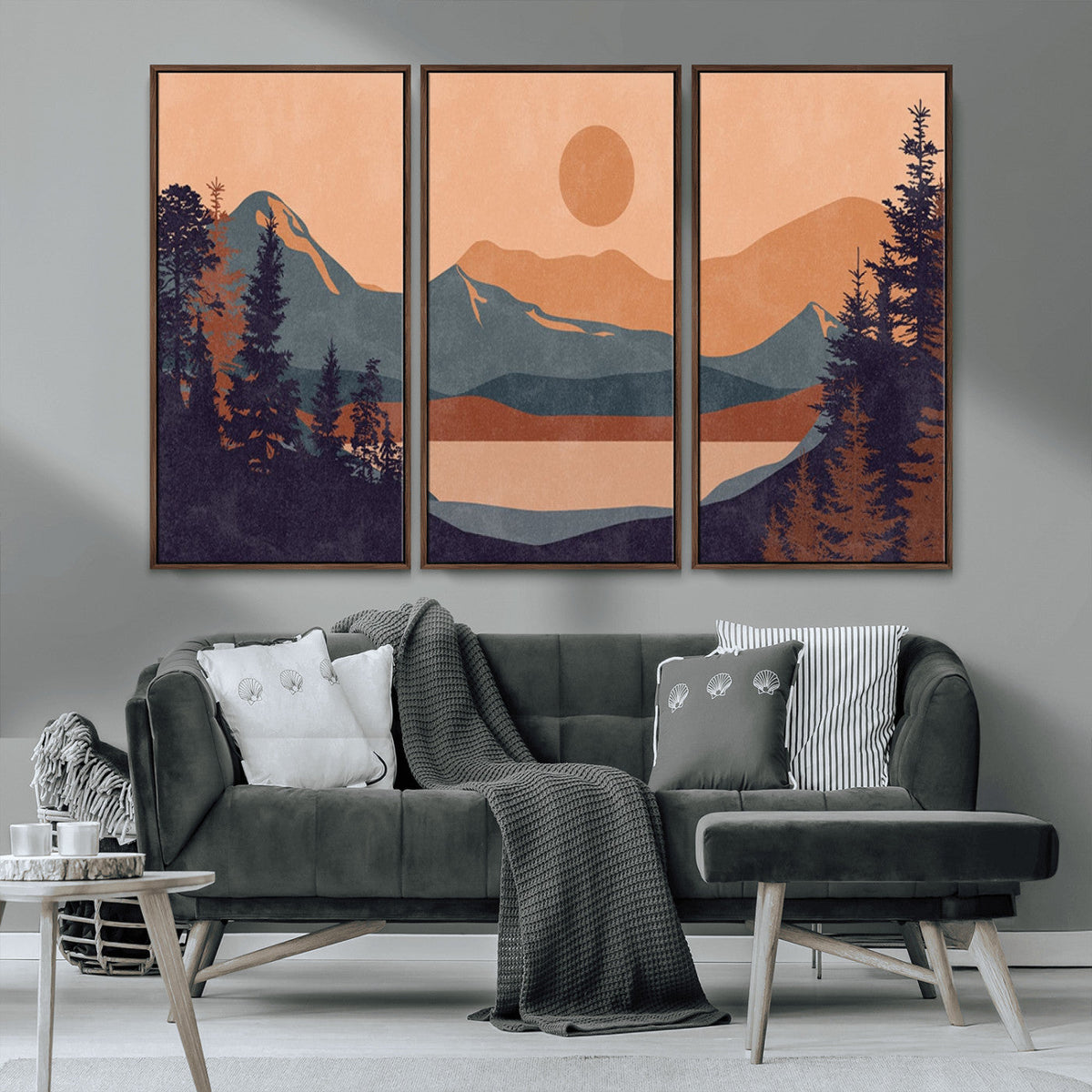 Modern Boho Sunset Canvas Print, Mountain Landscape Triptych
